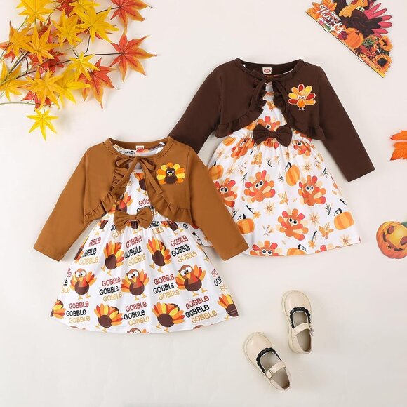 Elegant Girls Thanksgiving Dress Set with Cardigan - Cute Turkey Design | 18M-6Y - Picture 3 of 9